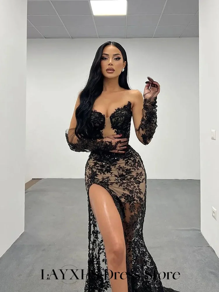 LAYXHS فساتين سهرة رسمية مثيرة من الدانتيل الأسود على شكل قلب بدون حمالات حورية البحر بفتحة جانبية فساتين لحضور الحفلات الموسيقية مخصصة من Fساتين Sheer