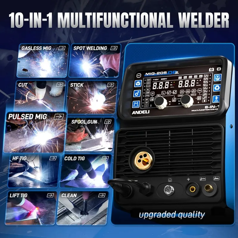 ANDELI 8 in 1 Aluminum Welding Machine MIG Pulse/TIG/Stick/CUT/Clean/Cold/Spot Semi-automatic Welding /Gasless MIG Welder