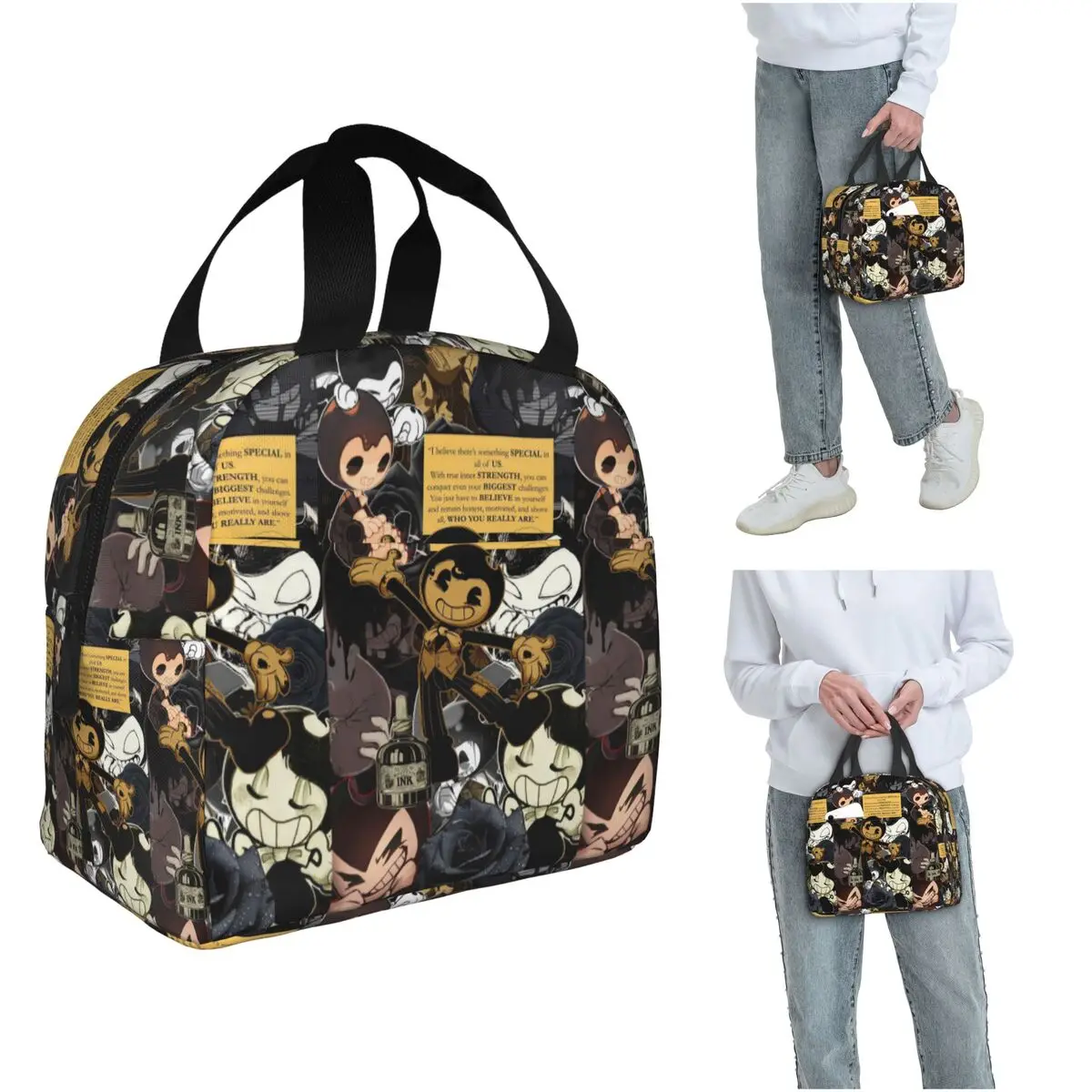 Bendy And The Ink Machine Cartoon Game Isolierte Lunchtasche für Damen und Kinder, tragbare Lebensmittelboxen, Thermo-Lunchbox-Tragetasche