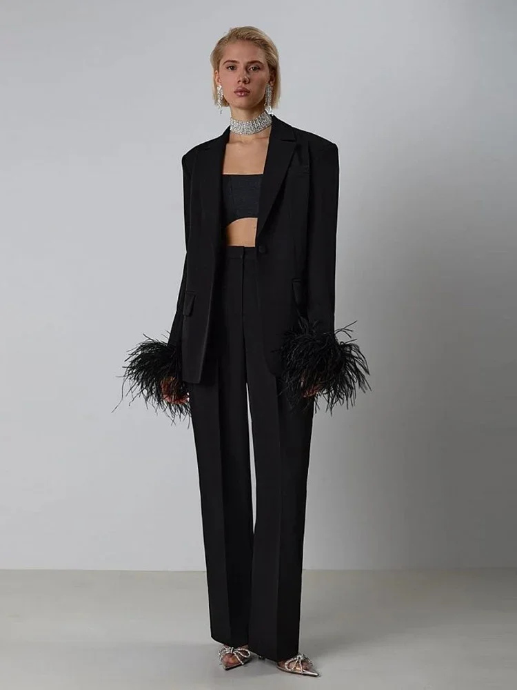 

Sexy Feathers Blazer PantSuit Women Black Rose Red Feather Long Sleeve Blazer Jacket+Hihg Waist Pants Two Piece Sets Party Suits