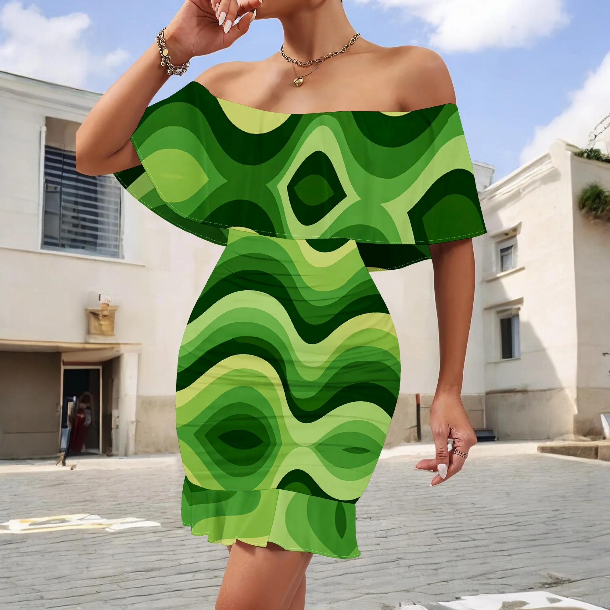 

Women's Retro Wave Print Mini Dress S-3XL | Off Shoulder Ruffle Bodycon Sundress | Groovy 70s Club Party Casual Wear