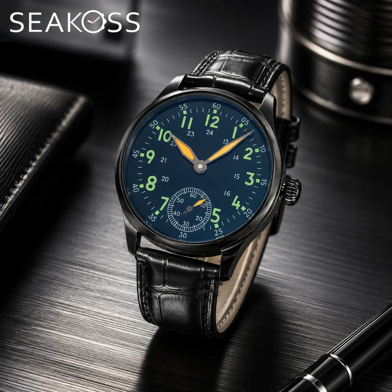 SEAKOSS 41mm Pilot Watch Men Mechanical Manual Winding Watch Style Luminous Night Dial Custom Personalized Leather Strap Wristwa
