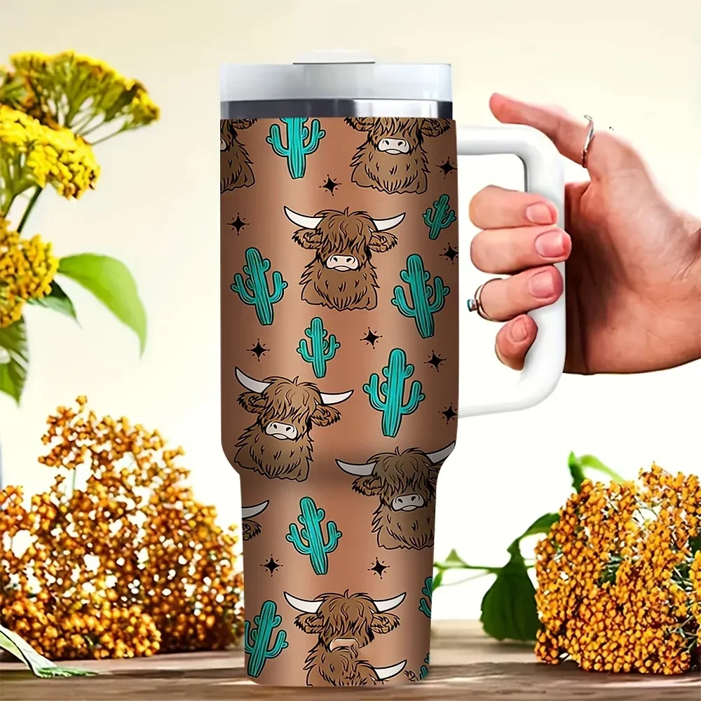 40oz Tumbler with Handle, Cute Highland Cow And Cactus Print, Suitable for Both Cold And Hot Drinks, Ideal for Outdoor Travel And Daily Activities for Western Style Lovers