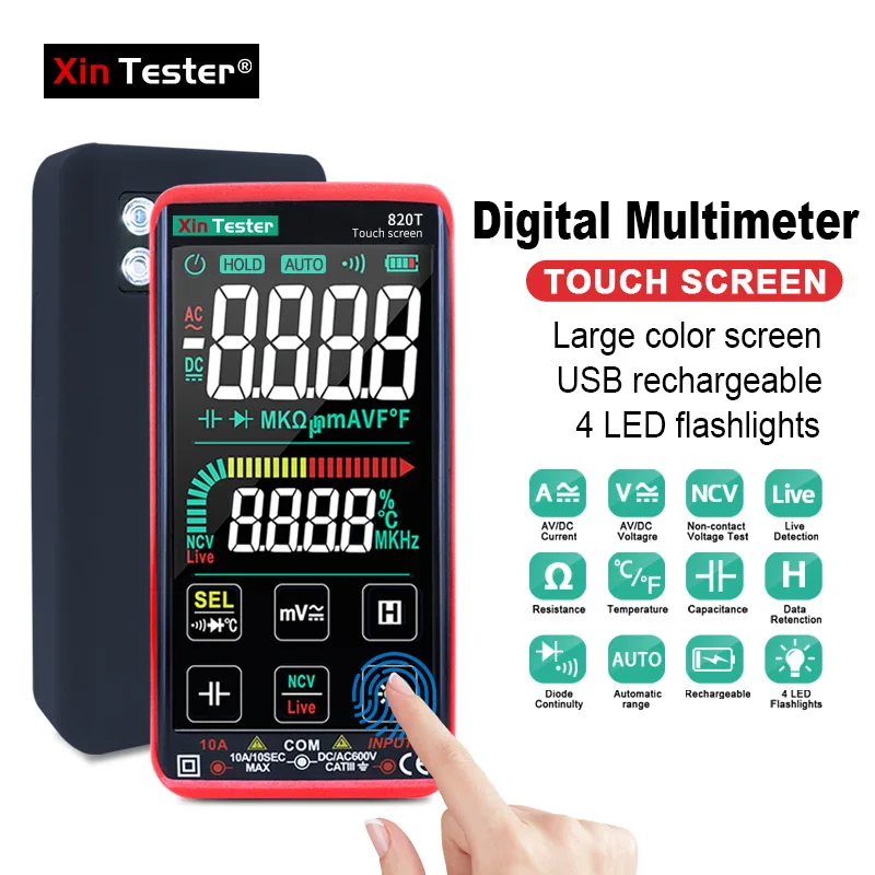 Xin Tester Large Screen Smart Digital Multimeter Lithium Battery Rechargeable AC DC Volt Amp Ohm NCV Capacitance Tester 820T