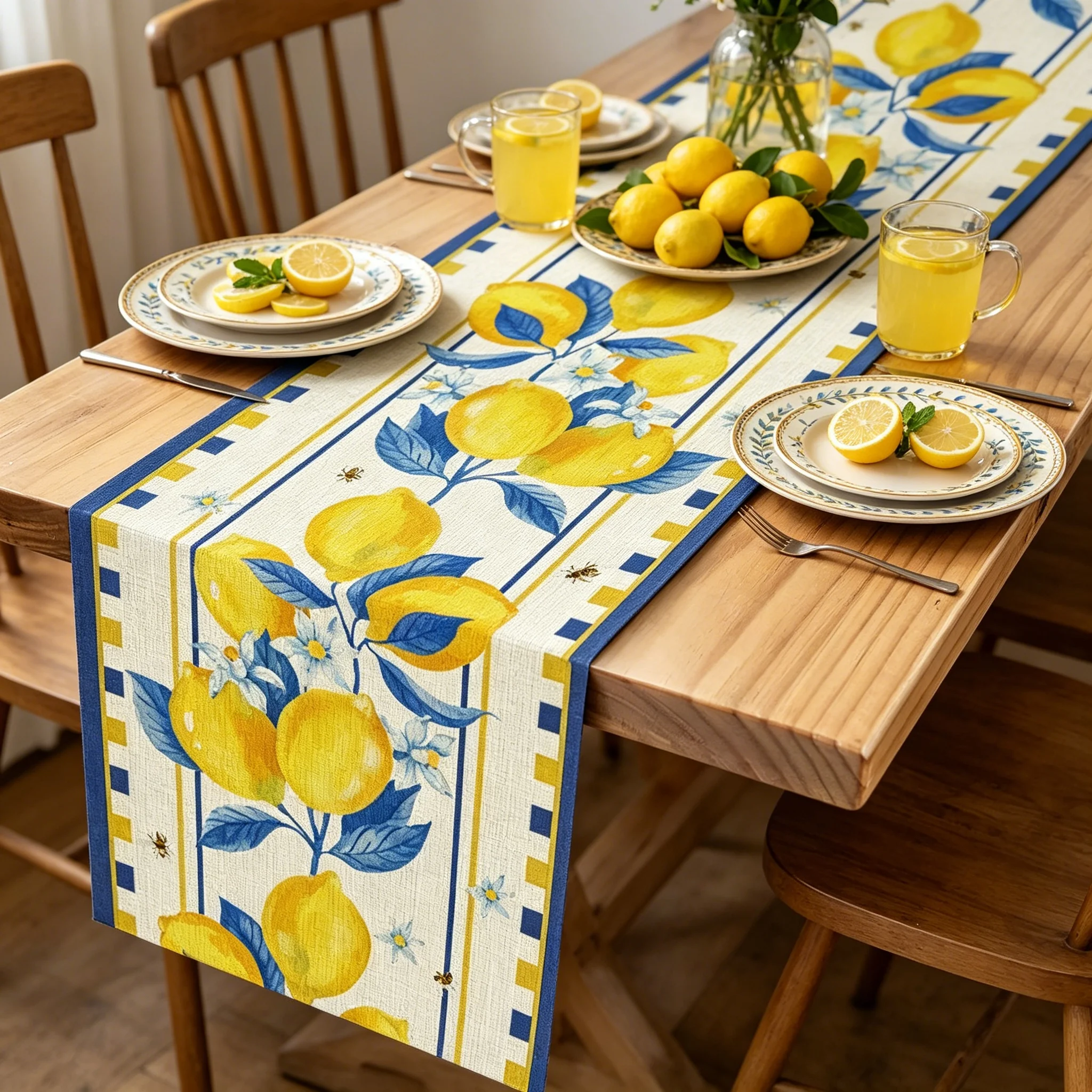 1pc Summer Lemon and Bee Print Table Runner Ideal for Dining Table Sideboard Cabinet and Living Room Home Decor