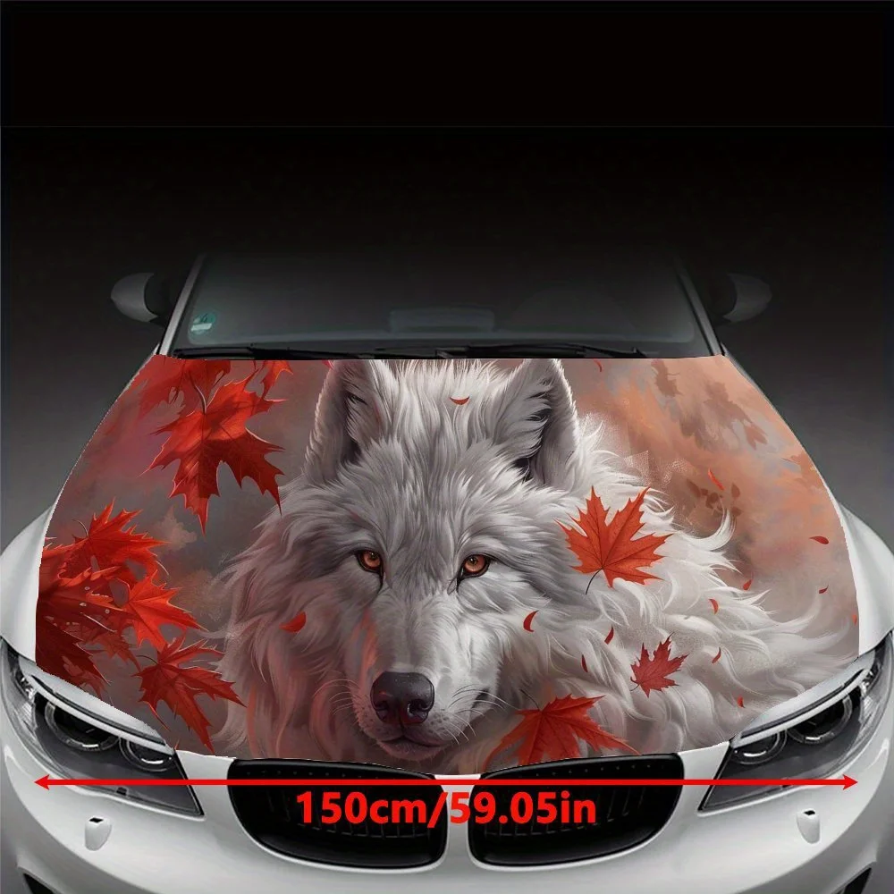 1 PC Car Hood Decal, Red Maple Leaves and White Wolf Auto Exterior Protective Sticker, Vinyl Waterproof Self-adhesive Car Body D