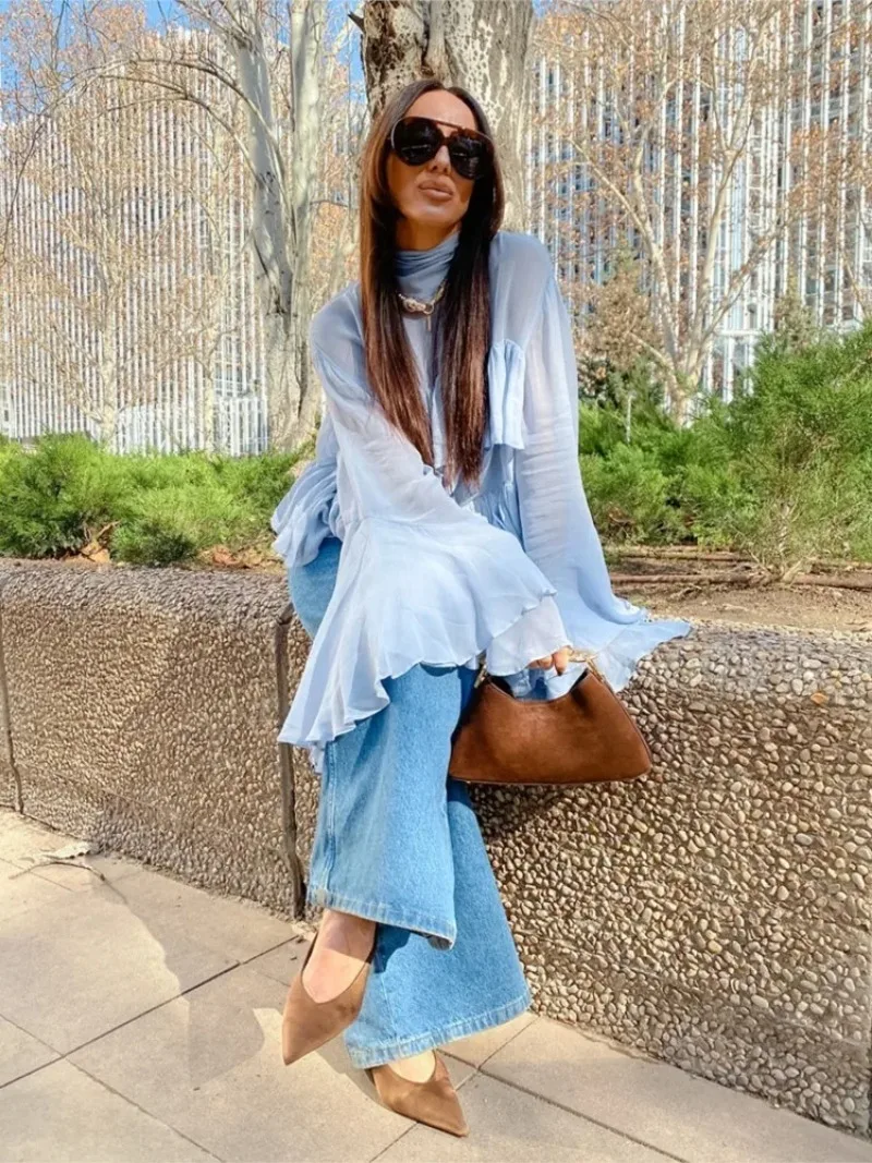 Blue Shirt Women Elegant Chic High Neck Ruffle Edge Trumpet Sleeves Blouse 2025 New Summer Spring Solid Fashion casual Shirts