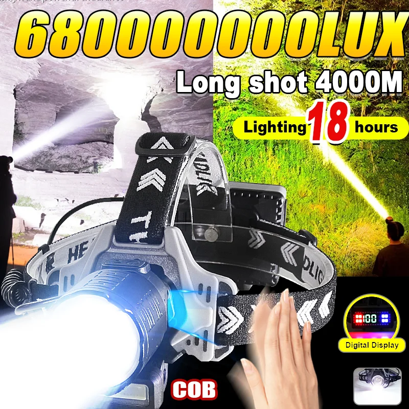 2*800W Powerful Headlamp 18650 Rechargeable Lamp IR Sensor Super Powerful Head Flashlight 4KM Long Range LED Headlamp Fishing