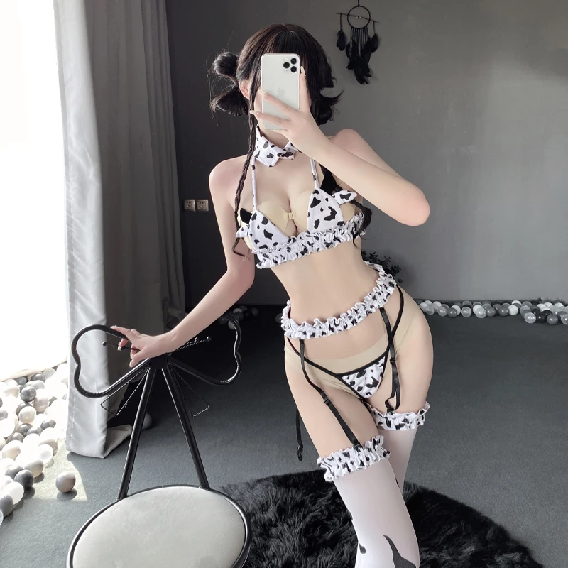 Sexy Cow Cosplay Costumes Anime Mini Milk Bikini Lingerie Set Japanese Kawaii Outfit Floral Maid Uniform With Stockings New