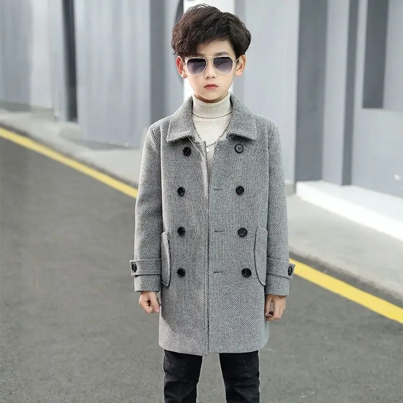 Boy Plus Cotton Warm Woolen Coat For Autumn Winter 2023 New Fashion Turn Collar Double Singles Twill Pockets Children Trench