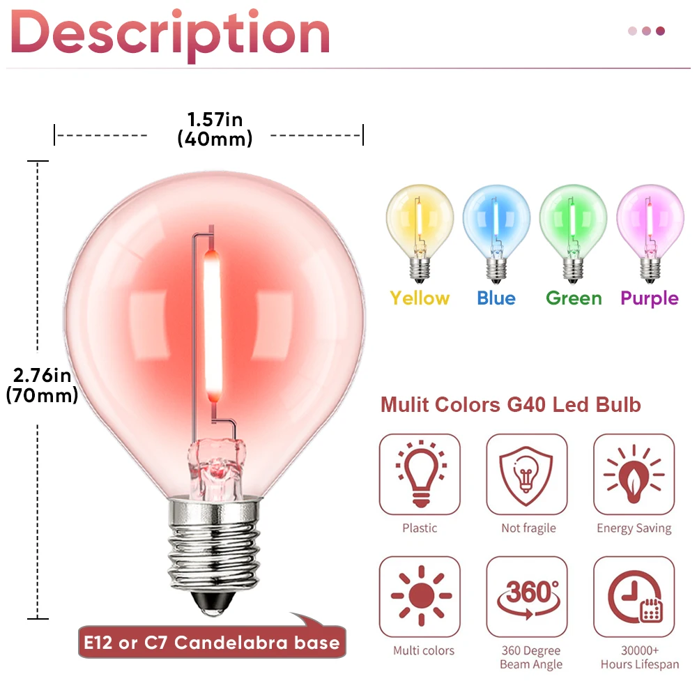 Imagem -03 - Lâmpadas Led G40 Coloridas Lâmpada de Substituição Globo para Luz de Corda Substituível Multicolor Decoração de Natal E12 110v 220v w