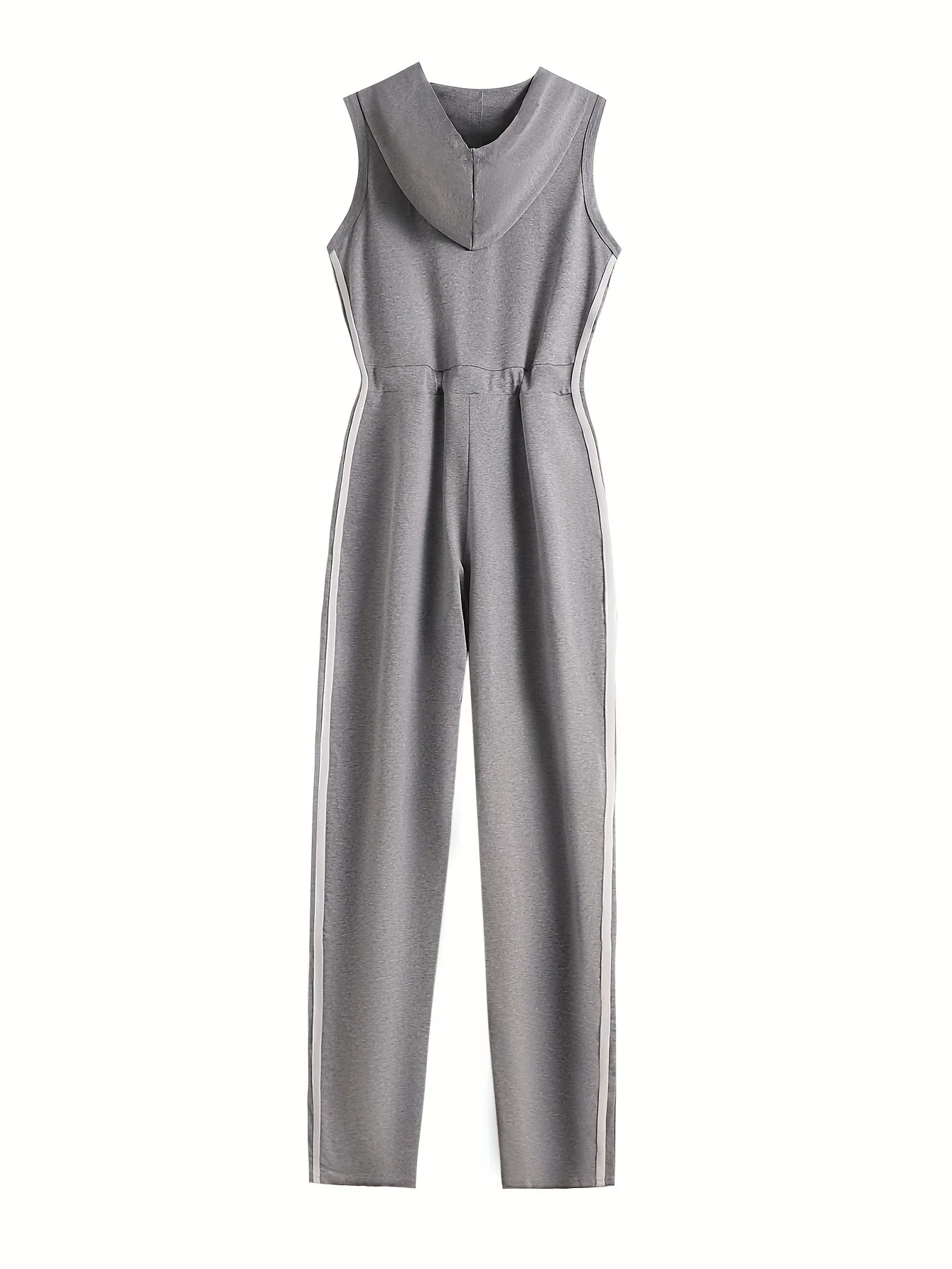 Women Deep V-neck Skinny Casual Striped Jumpsuits Zipper Work Out Sleeveless Long Overalls Grey Bodycon Workout Rompers