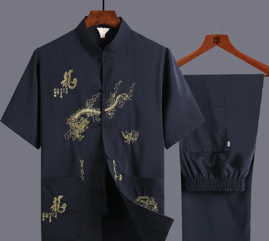 Wholesale New Men Chinese Style Tang Suit Embroidered Dragon Short Sleeve Kung Fu Martial Art Clothing Hanfu Pajamas Set M-XXXL