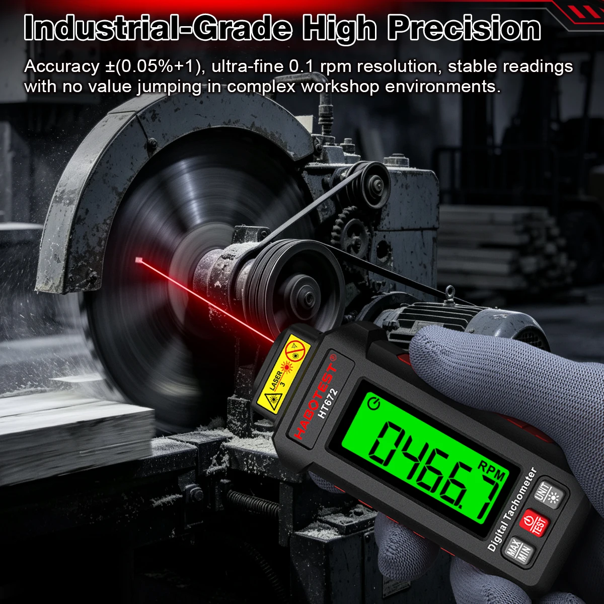 HABOTEST HT672 Mini Digitaler Laser-Drehzahlmesser Berührungsloser Drehzahlmesser Drehzahlbereich 10-99999RPM Drehzahlmesser Kilometerzähler Hintergrundbeleuchtung – Detail 8