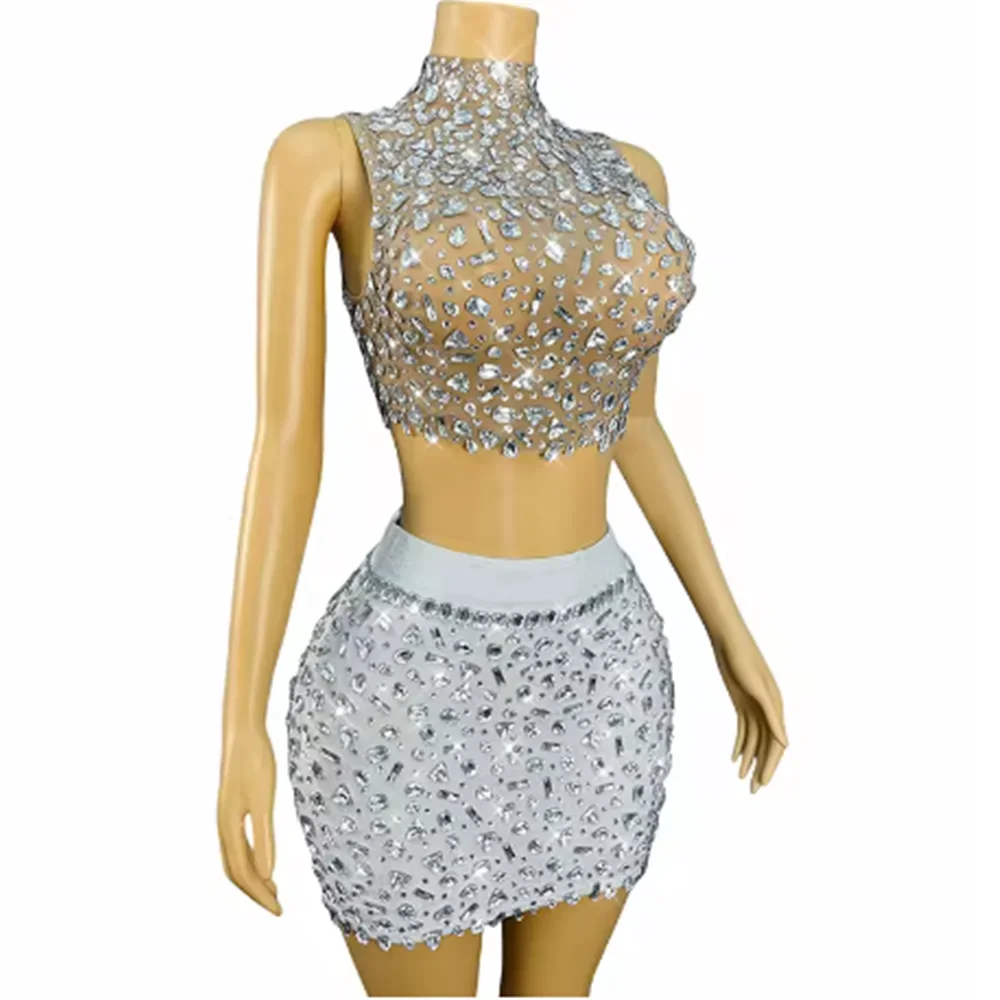 Femmes Rave Wear scène tenue Sexy Showgirl robe argent strass haut jupe ensemble discothèque Dancewear Festival fête costume