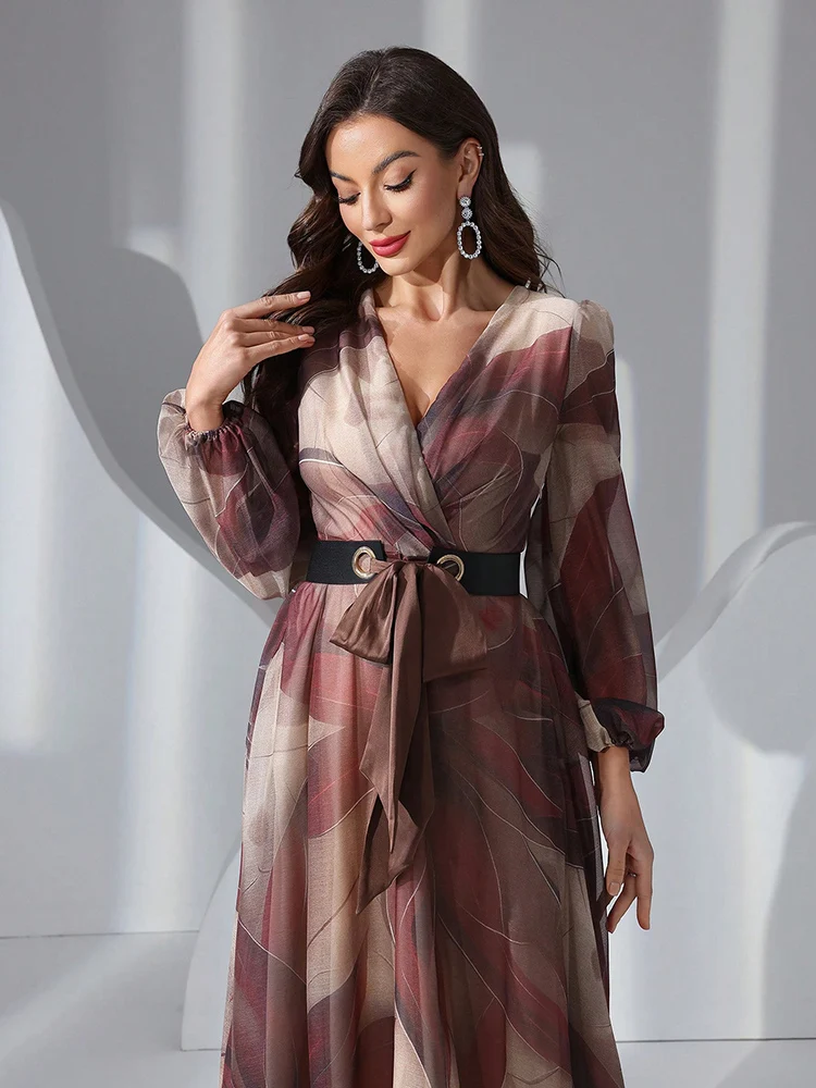 TOLEEN Womens V-Neck Lantern Sleeve Long Dress With Contrast Color Belt 2025 Fashion Casual Elegant Formal Party Evening Dresses