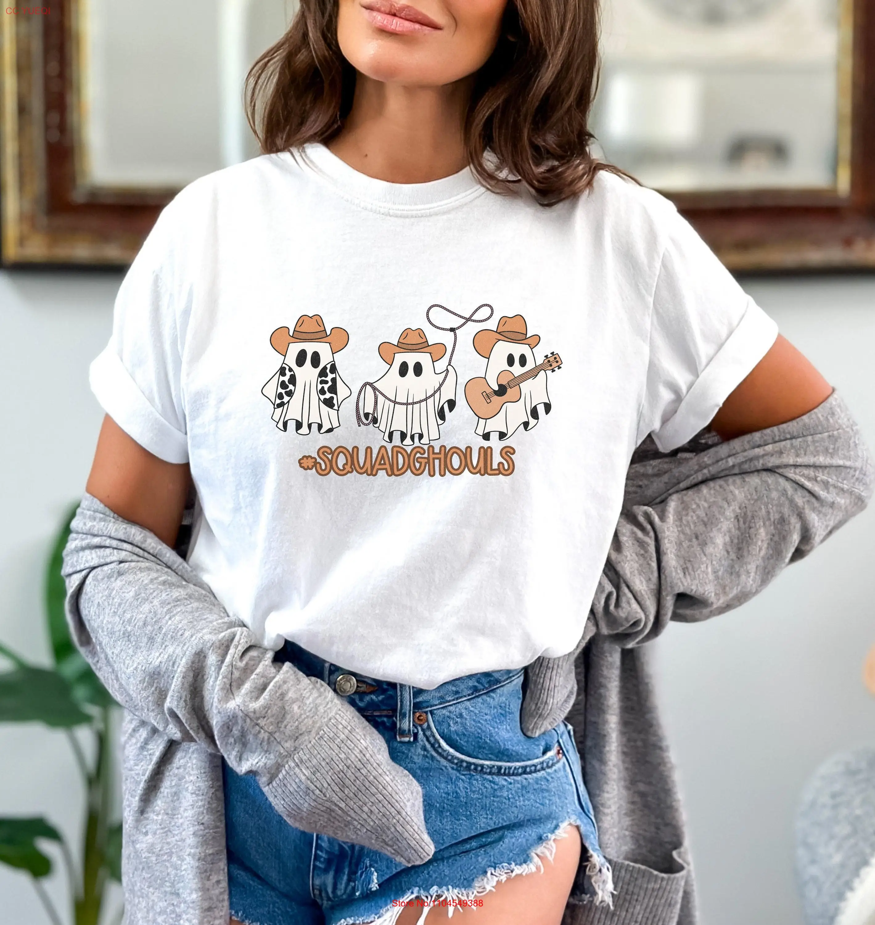 

Cute Western Halloween T Shirt Country Ghost Cowboys Trick Or TreaT Fall for Her Squad Ghouls long or short sleeves