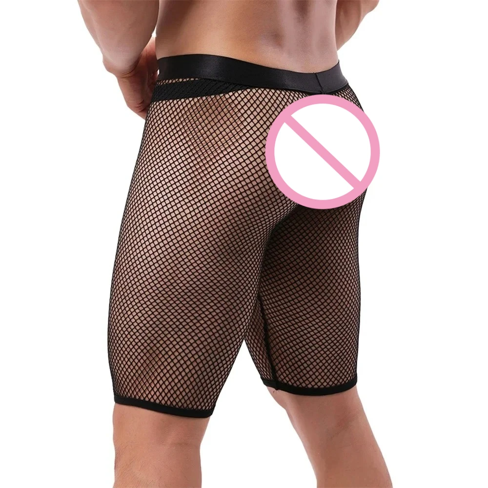 

Men Hollow Out Fishnet Boxer Briefs Shorts with Faux Leather G-Strings Sheer Mesh Underwear Breathable Sexy Male Lingerie Trunks