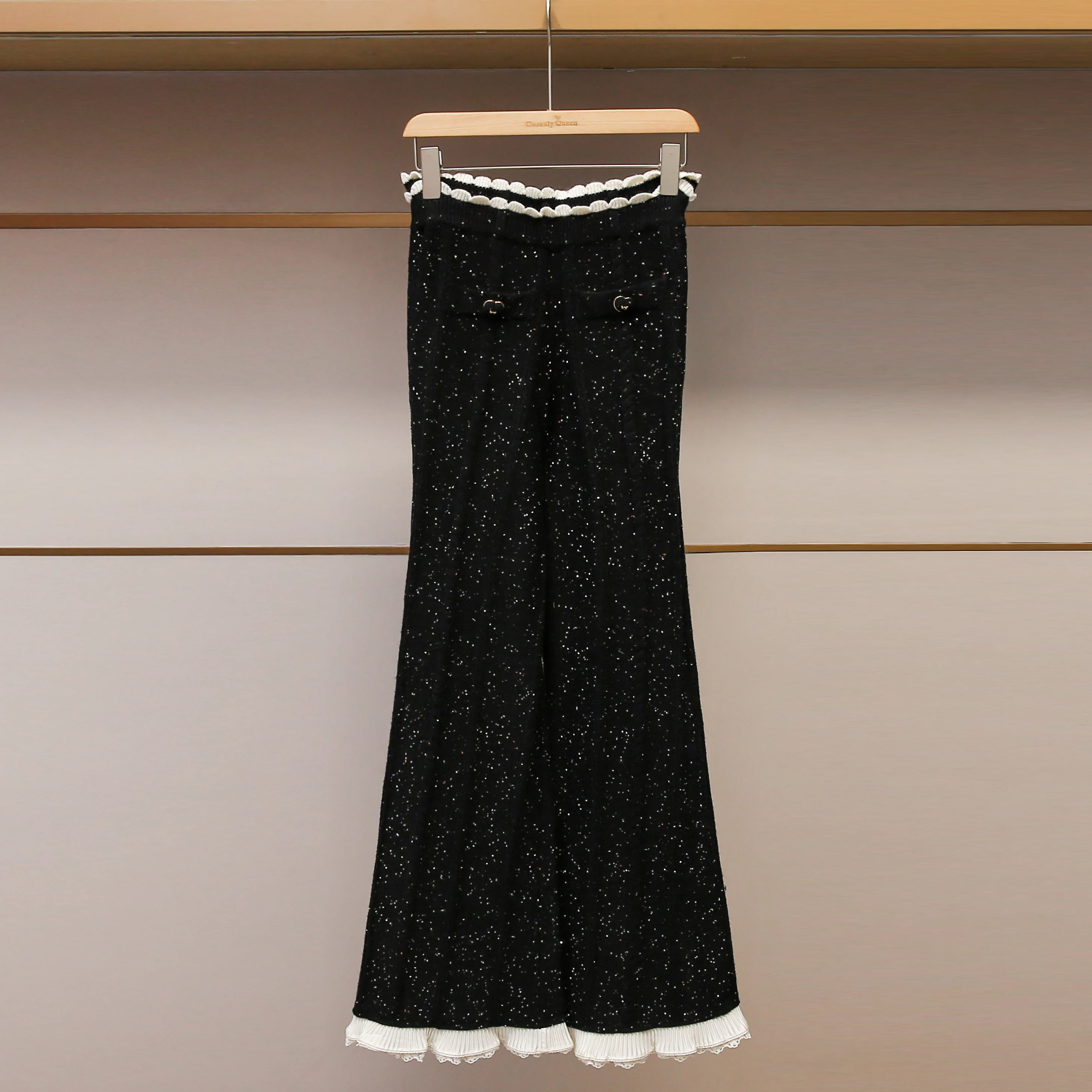 

Вязаные расклешенные брюки Ele для женщин, блузка с высокой талией и пэчворком, женская модная одежда South Oil High End, осенняя новинка