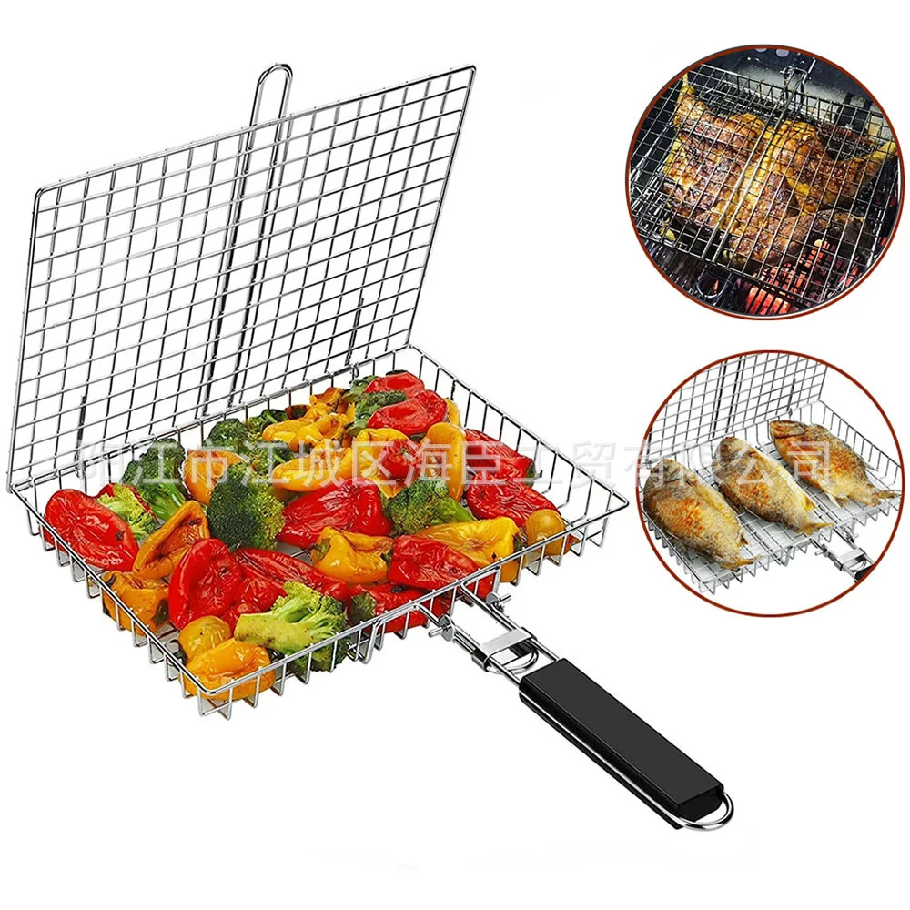 Stainless steel barbecue mesh barbecue basket square large capacity folding barbecue mesh clip bbq basket