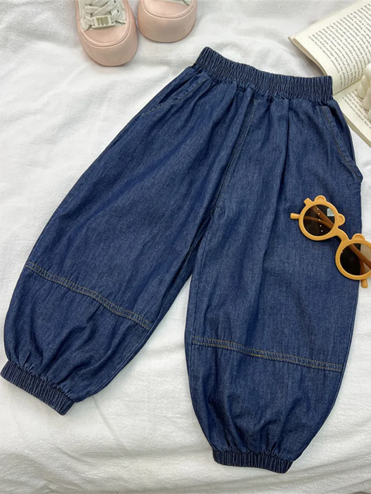 Calças de Verão em Jeans para Crianças, Calças Lanternas Largas e Finas, Calças Casuais Confortáveis e Respiráveis em Algodão para Meninos e Meninas