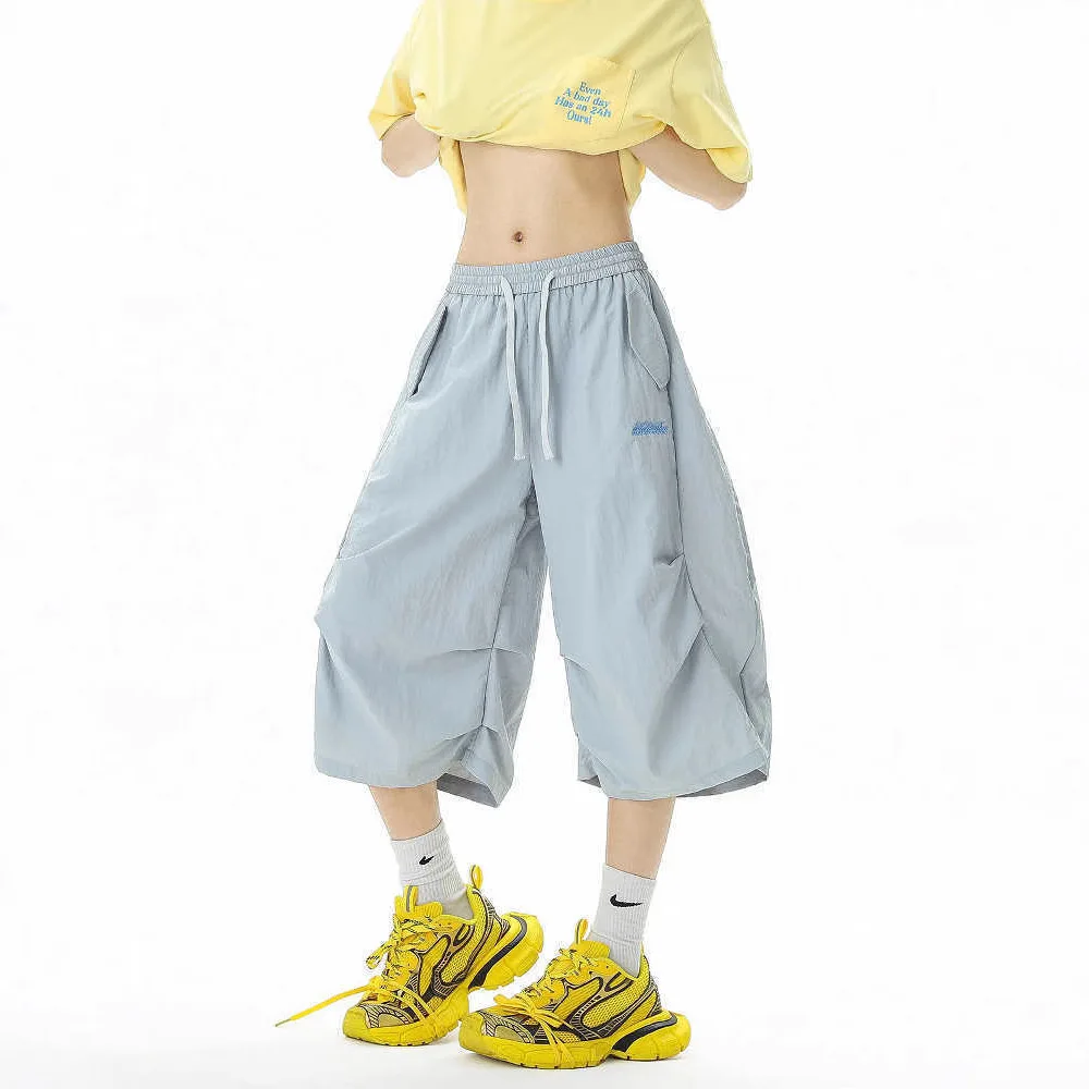 

2026 Summer Men Ice Silk Quick Drying Seven Points Pants Embroidery Pleated Loose Casual Outdoor Beach Trendy Shorts