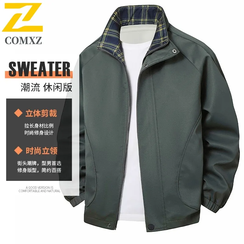 COMXZ الكلاسيكية الوقوف طوق الرجال سترة في الهواء الطلق ركوب الدراجات مريحة دراجة نارية معطف جميع الأغراض فضفاض الرحلات مقاومة الرياح معاطف الخريف #1