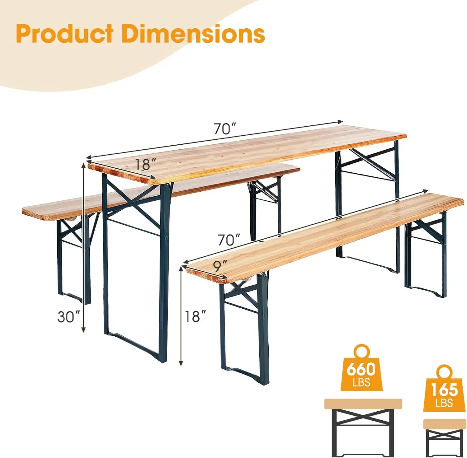 3 Piece Folding Picnic Table Bench Set, Foldable Wood Picnic Table with 2 Benches with Heavy-Duty Metal Frame, Space-Saving