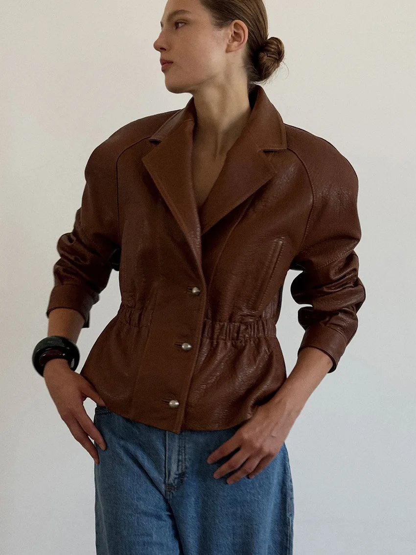 Autumn Winter New Arrival Elegant Lapel Waist-Defined PU Leather Jacket Women Fashion Retro Brown Leather Coat