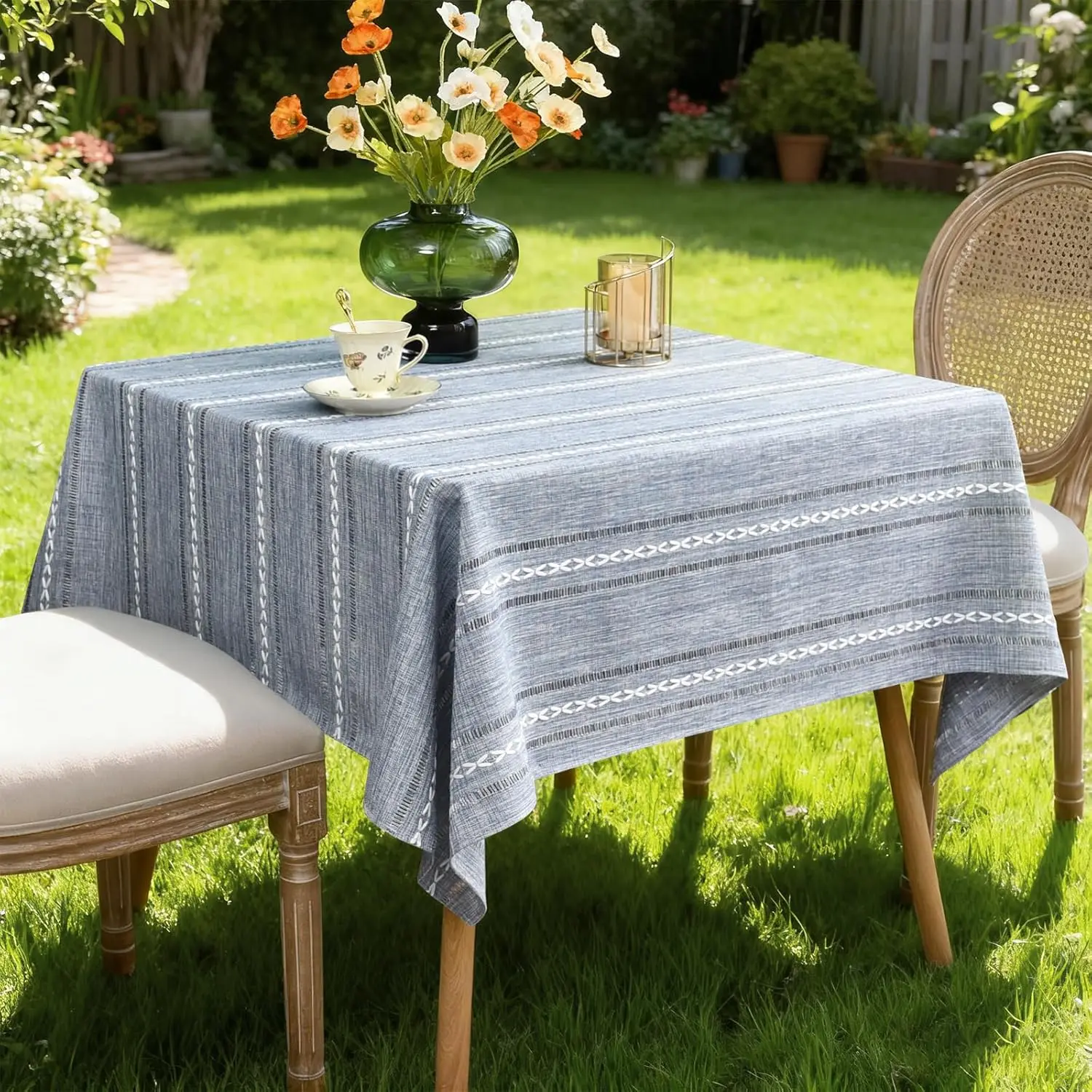 

Cotton Line Rustic Farmhouse Embroidered Square Tablecloth Jacquard Dust-Proof Table Cover for Kitchen Dinning Tabletop Decor