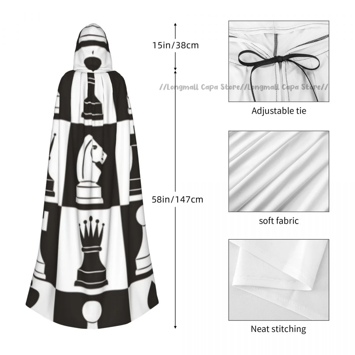 Adult Vampire Cape Hooded Robe Chess Pieces On Board Halloween Cloak Full Length Cosplay