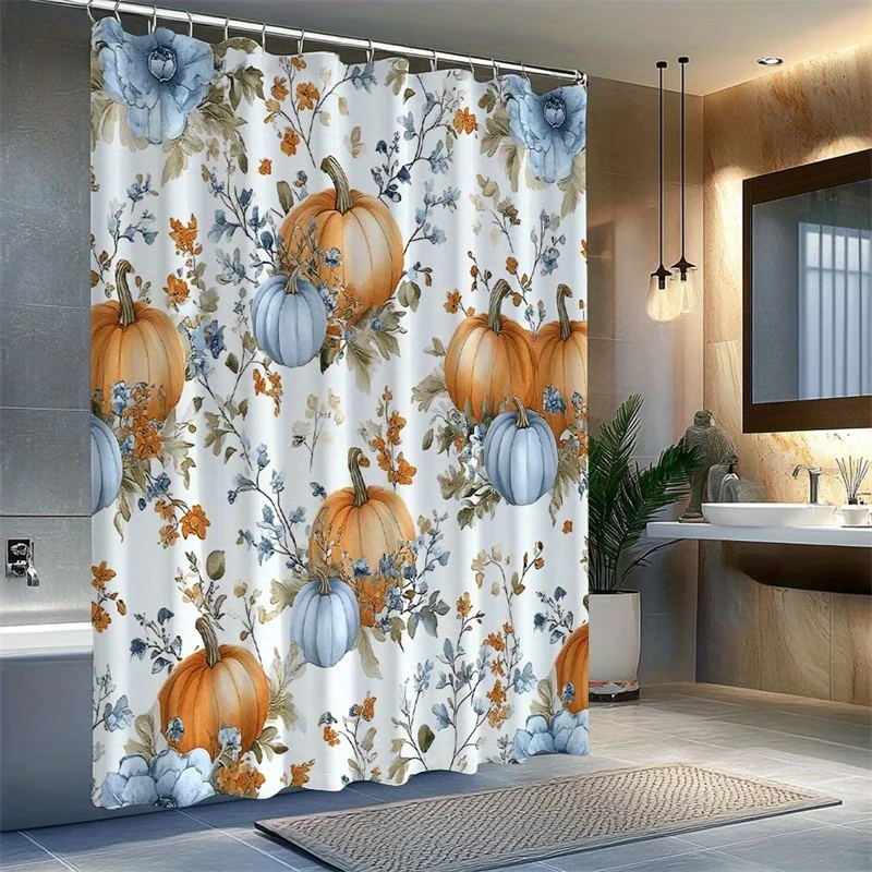 1PC Fall Pumpkin Floral Shower Curtain, Rustic Farmhouse Autumn Bathroom Decor, Blue White Watercolor Pumpkin Print, Polyester Bath Curtain with 12 Hooks, Machine Washable