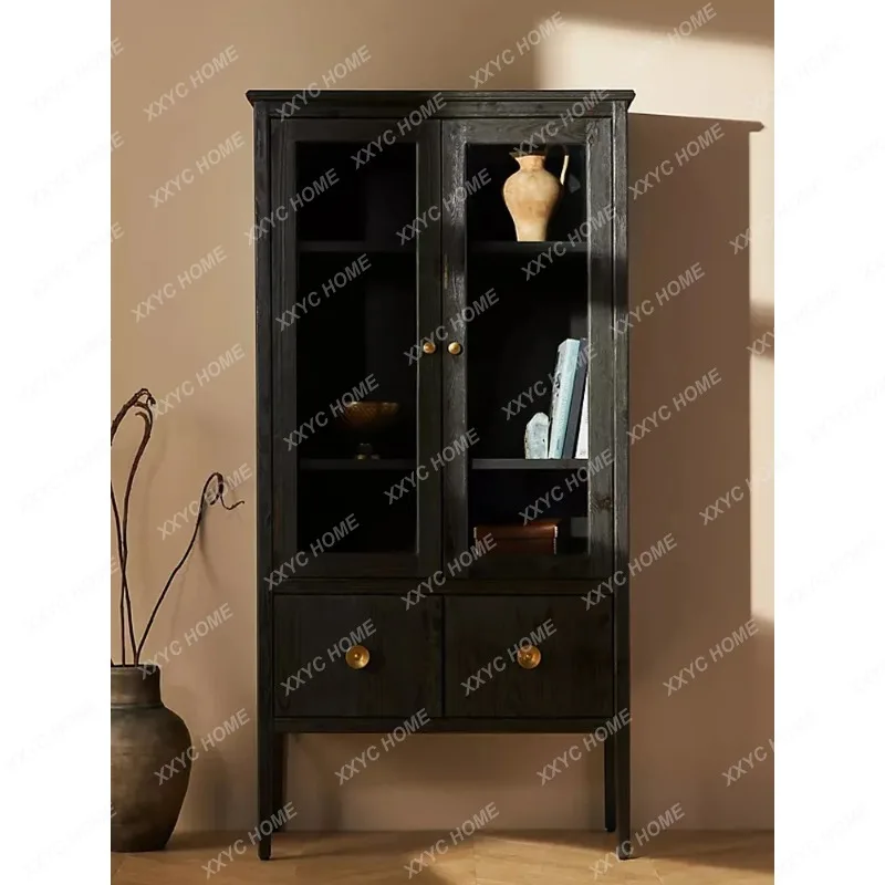 XX  Light Luxury Solid Wood Bookcase Floor-to-ceiling Bookshelf Premium Black Storage With Glass Door Wine Cabinet