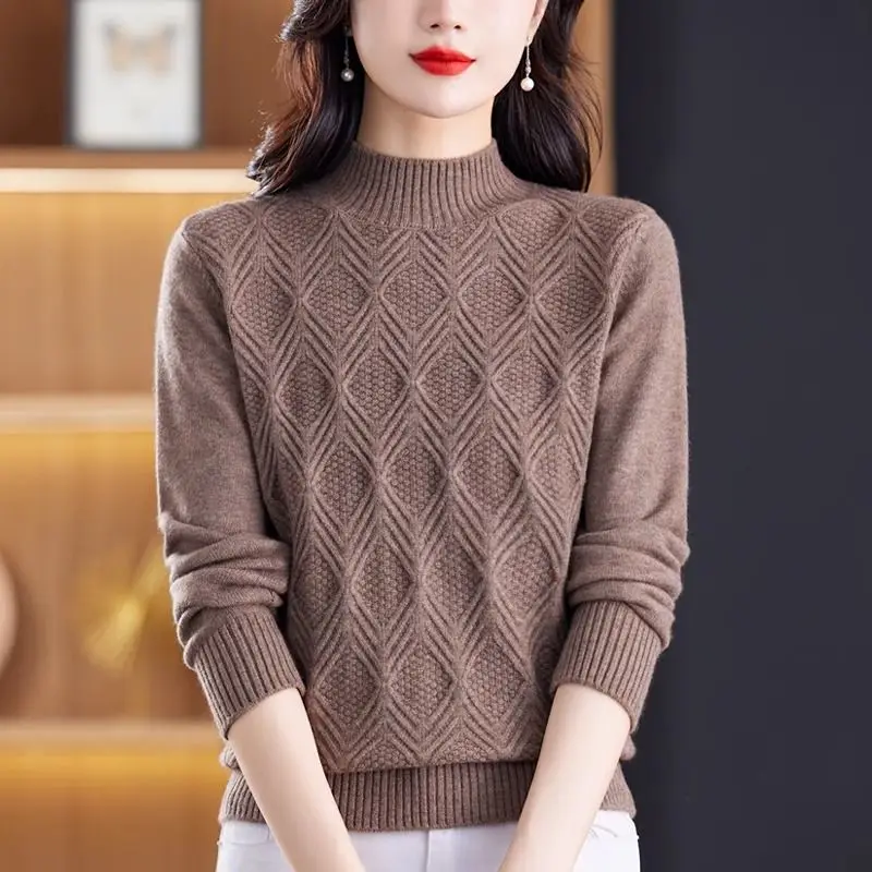 All-match Screw Thread Autumn Winter Half High Collar Solid Color Pullover Long Sleeve Sweater Knitted Women's Clothing Tops