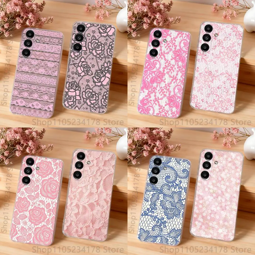 

Vintage Pink Lace Phone Case For Samsung S30,S25,S24,S23,S21,S22,S20,S10,5G,FE,lite,PIus,Ultra Transparent Cover