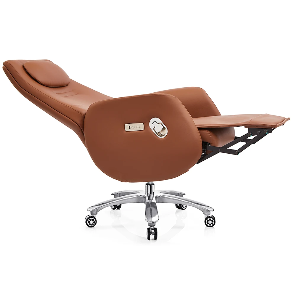 Luxury Royal Design Wooden Base Electric Reclining Genuine Leather Executive Boss Office Chair