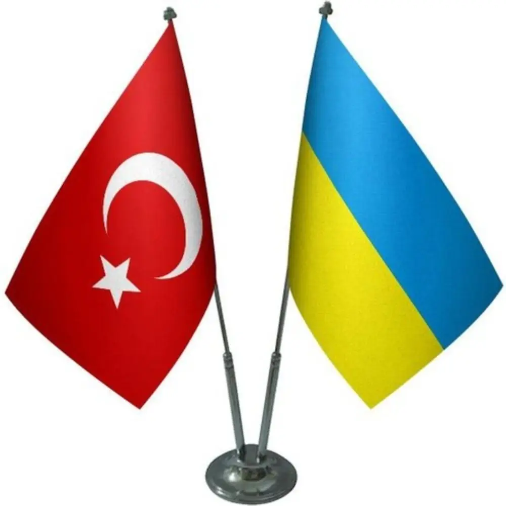 

Desktop Ukraine Flag Turkish Flag Dual Chrome Pole Table Flag Set Made in Turkey Satin Fabric 1. Grade Material