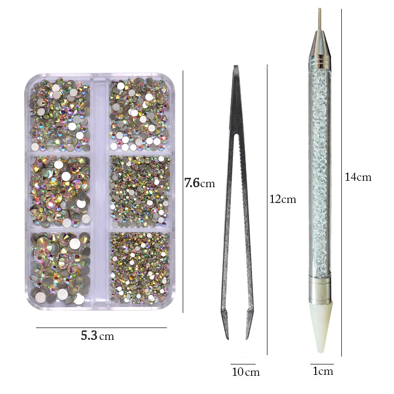 

6Girds Box With Tool SS4-SS16 Colorful Non Hotfix Rhinestones Flatback Gems Diamonds 3D Glitter Nail Art Luxurious Decoration