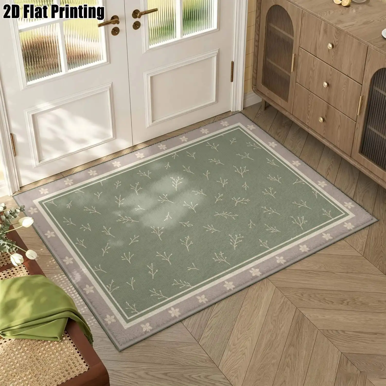 1Pc 2D Printed Carpet: Grey-Green Branch & Flower Nordic Minimalist Floor Mat, Machine Washable, Multi-Size for Home Decor