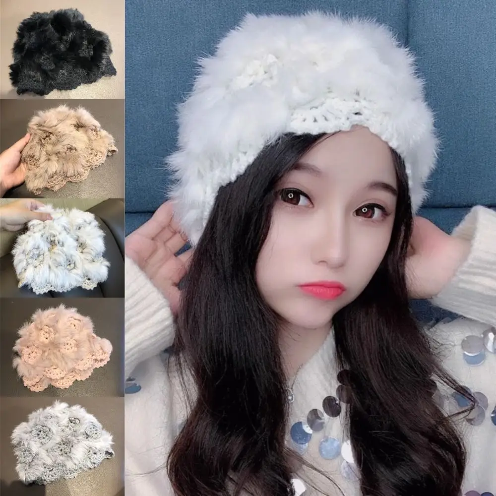 Versatile Multicolor Crochet Rabbit Fur Hat Handmade Plush Toe Cap White Plush Windproof Ear Protection Hat Outdoor