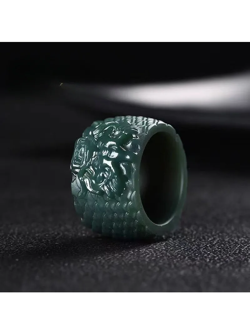 

Лидер продаж, натуральный голубой нефрит He tian, резное кольцо с головой дракона в китайском зодиака, модное индивидуальное кольцо для мужчин и женщин