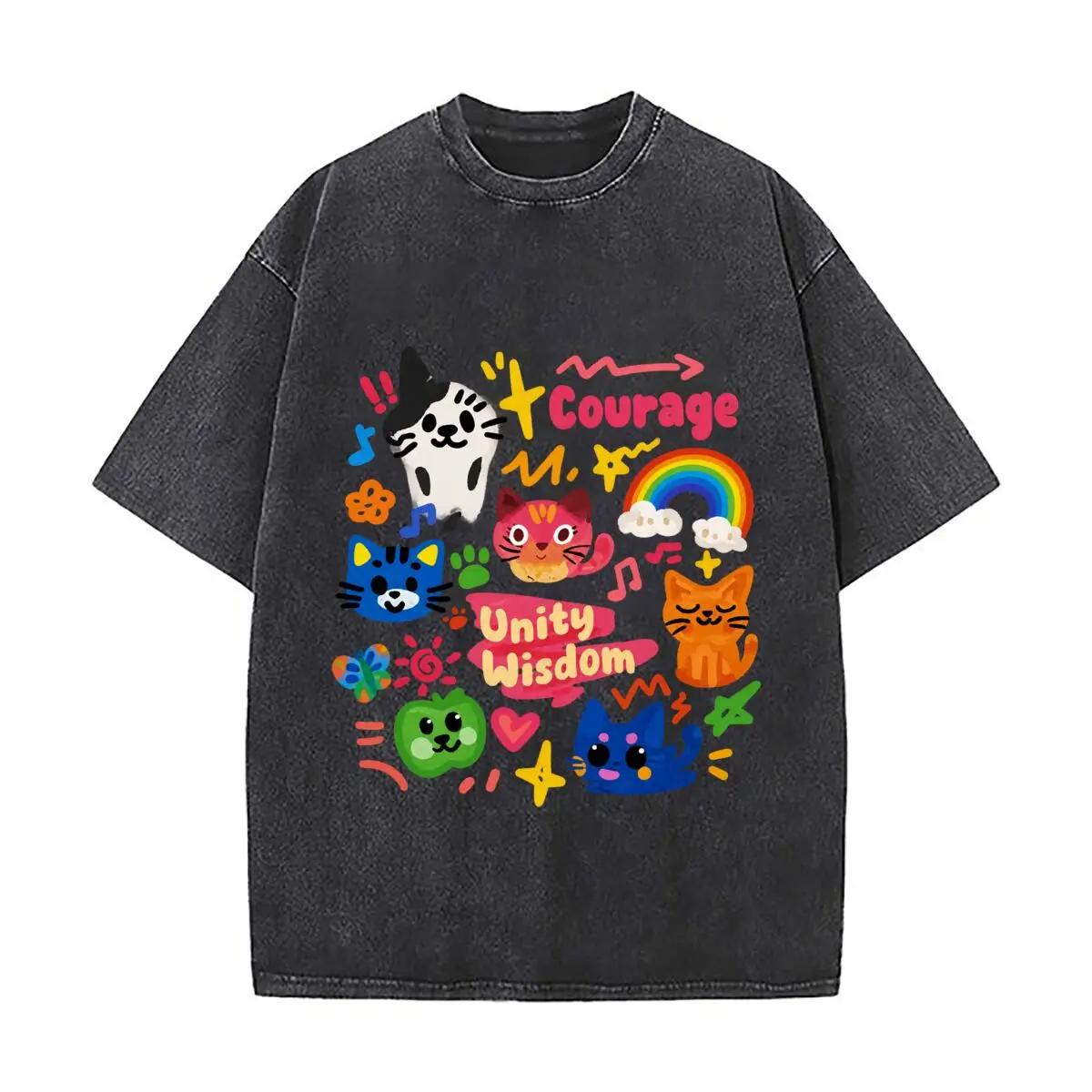 Cute Cats Courage Unity Wisdom Rainbow Doodle Illustration Distressed Vintage Oversized Streetwear Tops for Coffee Dates