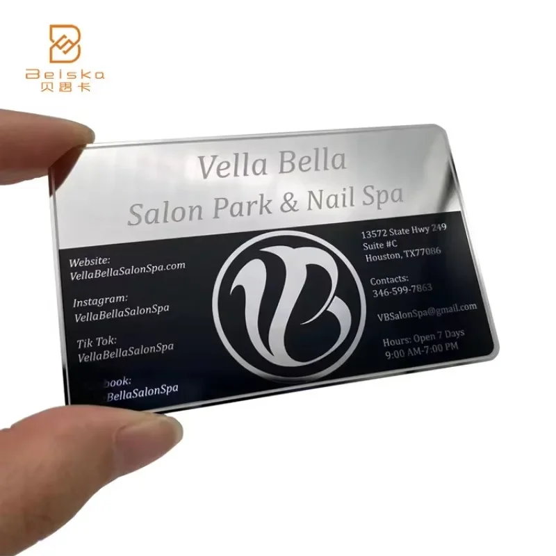 Изготовленная на заказ открытка из нержавеющей стали 304, серебряная зеркальная отделка, персонализированная металлическая лазерная резка, черная визитная карточка