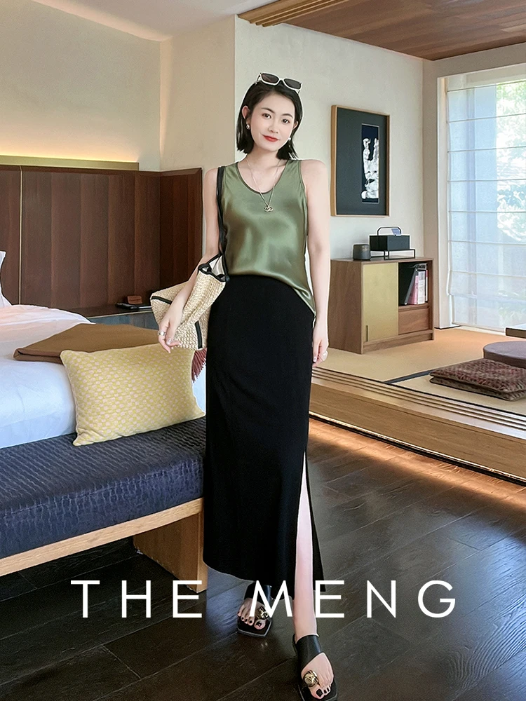 

Элегантная прямая юбка-труба из ацетатного трикотажа Meng, черная, с завышенной талией, для офиса, летняя, H-образный силуэт