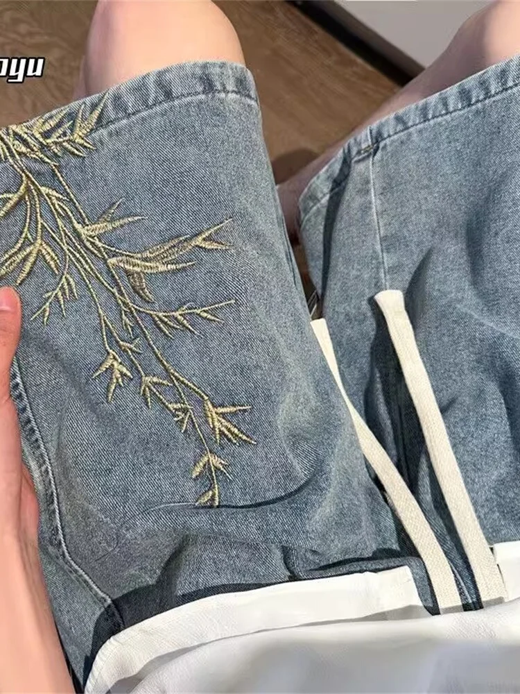 

Летние модные мужские джинсовые шорты с вышивкой, длина до середины икры, прямой крой, свободный крой, износостойкие, синие