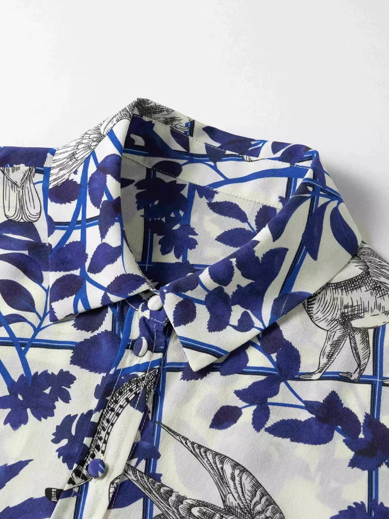 SuyaDream, Woman Blue Floral Shirts, 100%Silk Crepe de chine, Turn Down Collar, Printed Blouses, 2024 Spring Summer Top