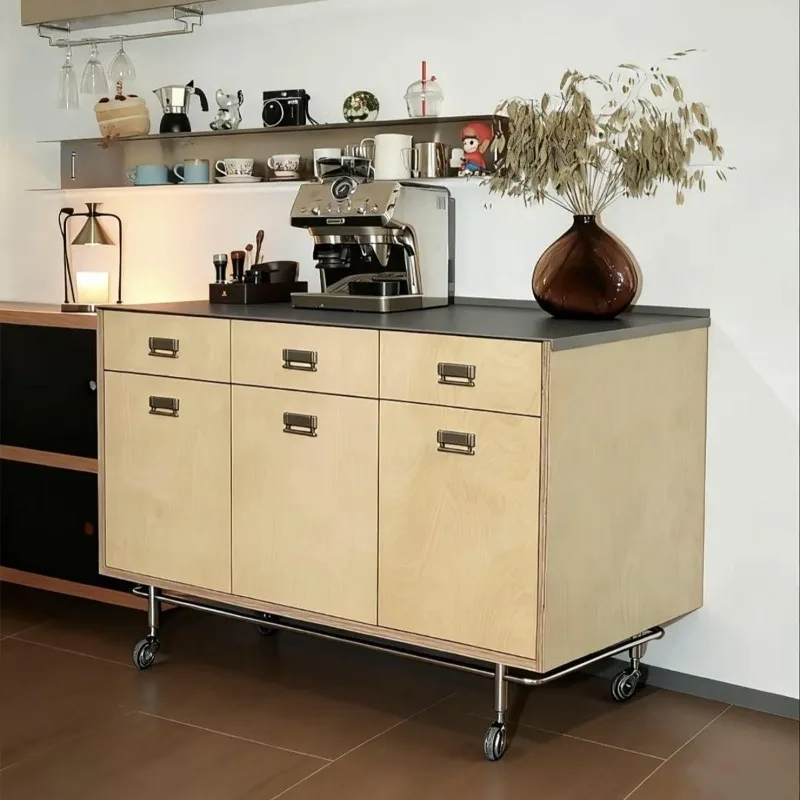 Log wind ocean plate stainless steel side cabinet, multi-functional integrated coffee machine cabinet