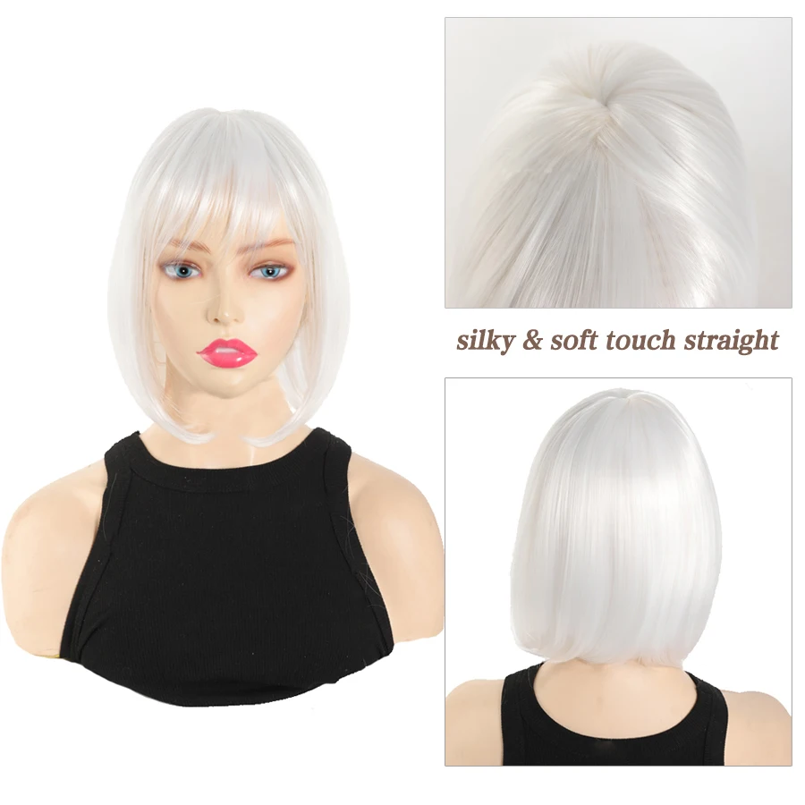 10-Inch Short Bob Wig with Partable Bangs Women's Synthetic Fiber High-Temperature Silk Black Highlighted Brown And White