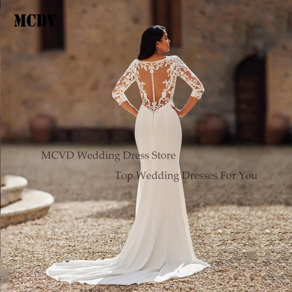 

MCDV Lace Mermaid Weddings Dresses Bridal 2026 3/4 Sleeve V-Neck Applique Satin Bride Gowns For Women Illusion Back Customized
