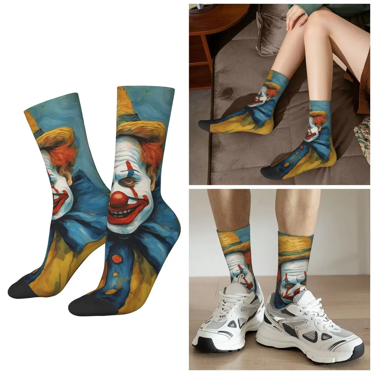 

Носки All Seasons Circus Delight с изображением игривого клоуна, носки в стиле Харадзюку, забавные носки для мужчин и женщин, подарки на День святого Валентина